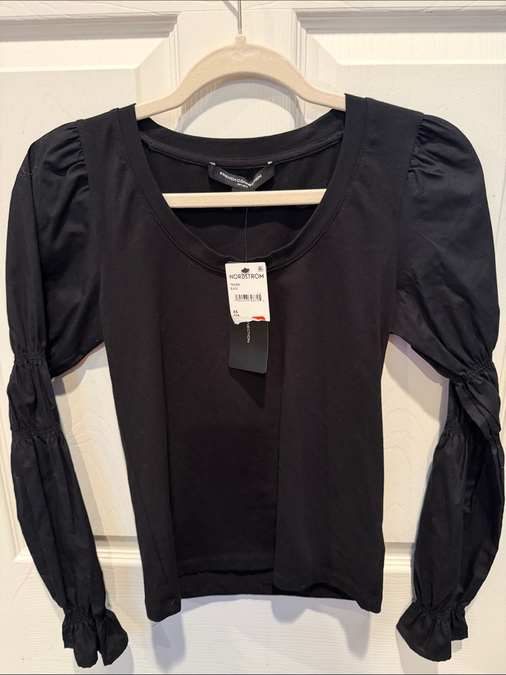 French Connection Black Puff Sleeve Scoop Neck Top